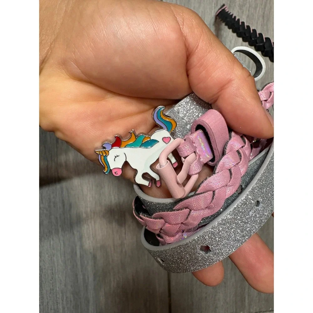 Girls 2 Piece Belt Set Silver Glitter Unicorn Buckle and Pink Braided Iridescent